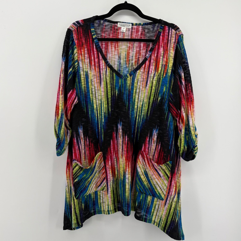 Studio Woman JPR Tunic Top Multi Color Women 2X Abstract 3/4 Sleeve‎ Pockets